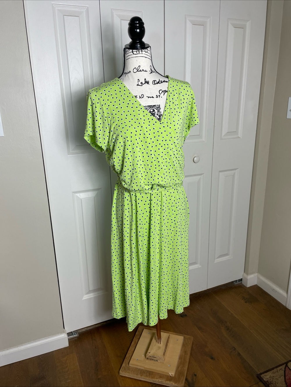 Lands End Faux Wrap Dress Green Blue Polka Dots Short Sleeve Casual Sz XL 18